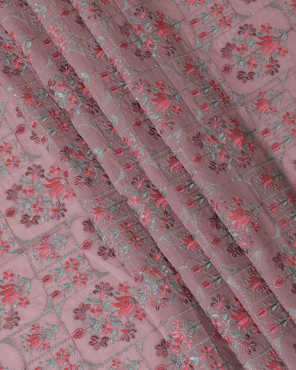 Thulian pink cotton voile fabric with peach, sage green and grey embroidery in floral design-D9774
