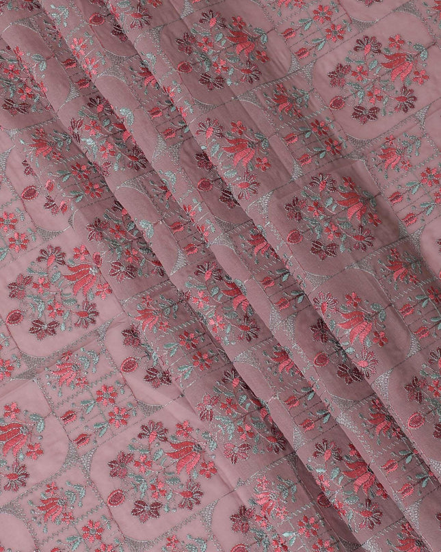 Thulian pink cotton voile fabric with peach, sage green and grey embroidery in floral design-D9774