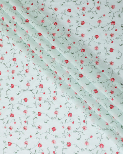قماش الفوال القطني الأخضر Vista مع تطريز باللون الأخضر الزيتوني والأحمر القرمزي والوردي الصغير بتصميم الأزهار-D11084