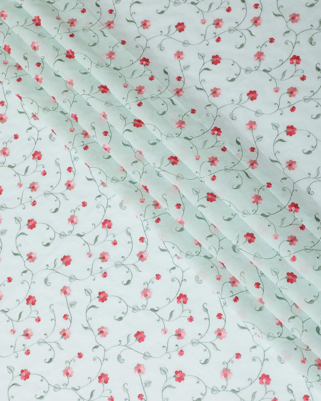 قماش الفوال القطني الأخضر Vista مع تطريز باللون الأخضر الزيتوني والأحمر القرمزي والوردي الصغير بتصميم الأزهار-D11084