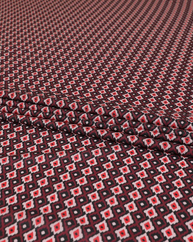 Maroon Premium Spanish 100% cotton lawn fabric with black, light pink and Scarlet red print in abstract design-D9241