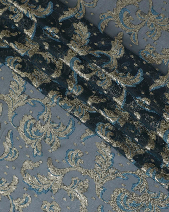 قماش شيفون حريري فرنسي (فرنساوي) فاخر باللون الأزرق البترولي مع الفيسكوز الأزرق والوركس المعدني الذهبي بتصميم الأزهار-D10586