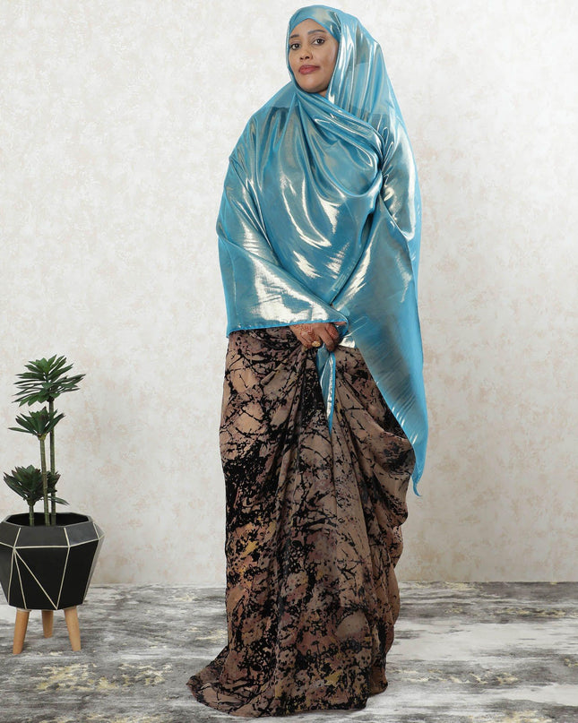 Blue pure silk chiffon garbasaar with golden metallic lurex in stripe design-D9508