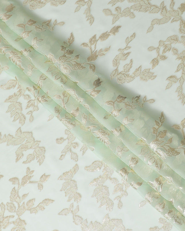 قماش الشيفون الحريري الخالص الفاخر باللون الأخضر النعناعي مع اللوريكس المعدني الذهبي بتصميم أوراق الشجر -D15447