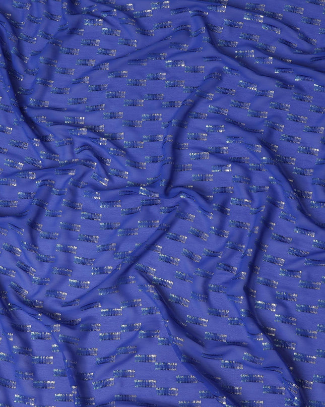 قماش شيفون حريري فرنسي (فرنساوي) فاخر باللون الأزرق الملكي مع نفس اللون من الفيسكوز والوركس المعدني الذهبي والفضي بتصميم فاخر -D14228