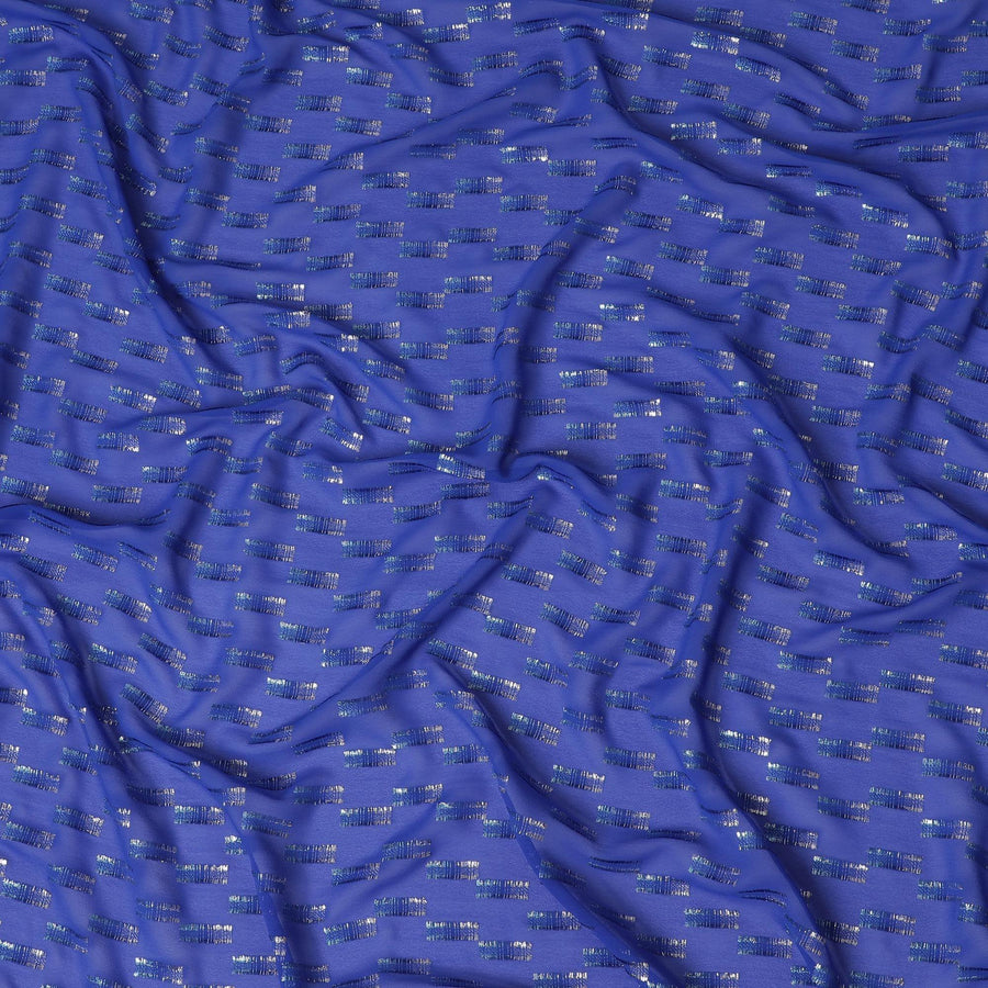 Royal blue premium pure French (Fransawi) silk chiffon fabric with same tone viscose, gold and silver metallic lurex in fancy design-D14228
