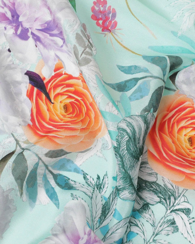 Vista green synthetic crepe fabric with multicolor print in floral design-D10013 Regal Fabrics