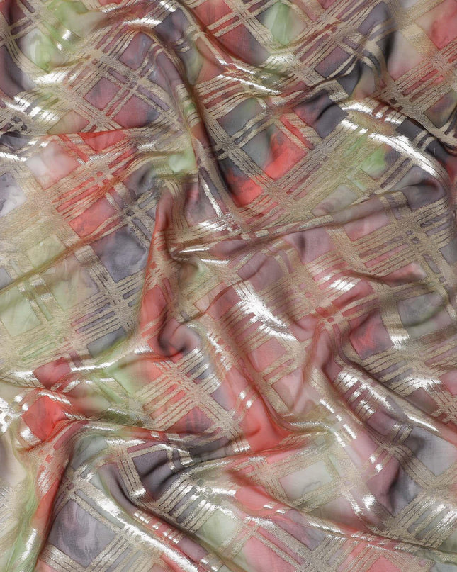 قماش شيفون من الحرير الخالص متعدد الألوان مع لوريكس معدني ذهبي بتصميم مربعات -D11410