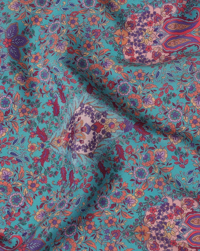 Sea blue synthetic crepe fabric with multicolor print in floral design-D15025 Regal Fabrics