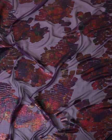 Purple premium pure silk chiffon fabric with multicolor metallic lurex in fancy design-D9079