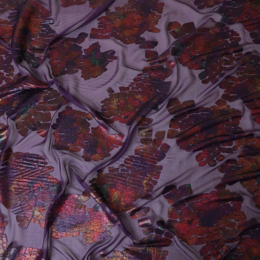 Purple premium pure silk chiffon fabric with multicolor metallic lurex in fancy design-D9079