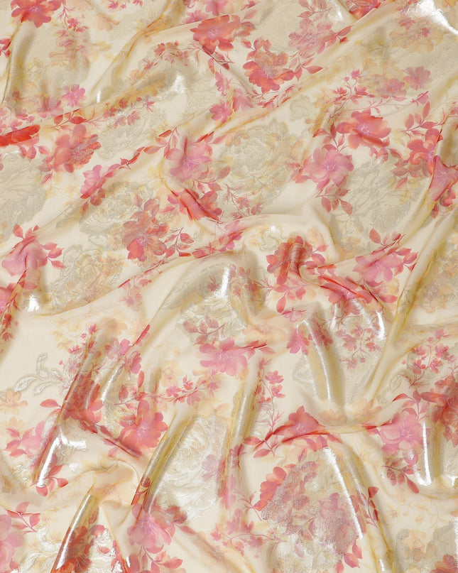 Beige premium pure silk chiffon fabric with brick pink, salmon print having gold metallic lurex in floral design-D10784