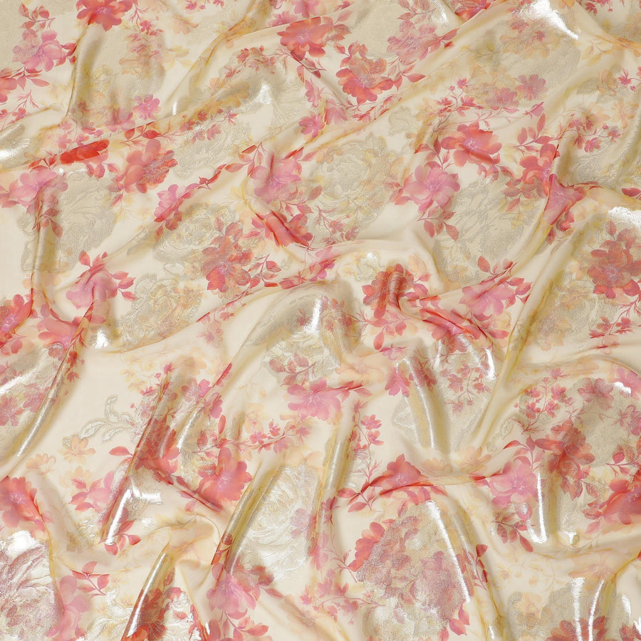 قماش شيفون من الحرير الخالص باللون البيج مع اللون الوردي القرميدي وطباعة سمك السلمون مع اللوريكس المعدني الذهبي بتصميم الأزهار - D10784