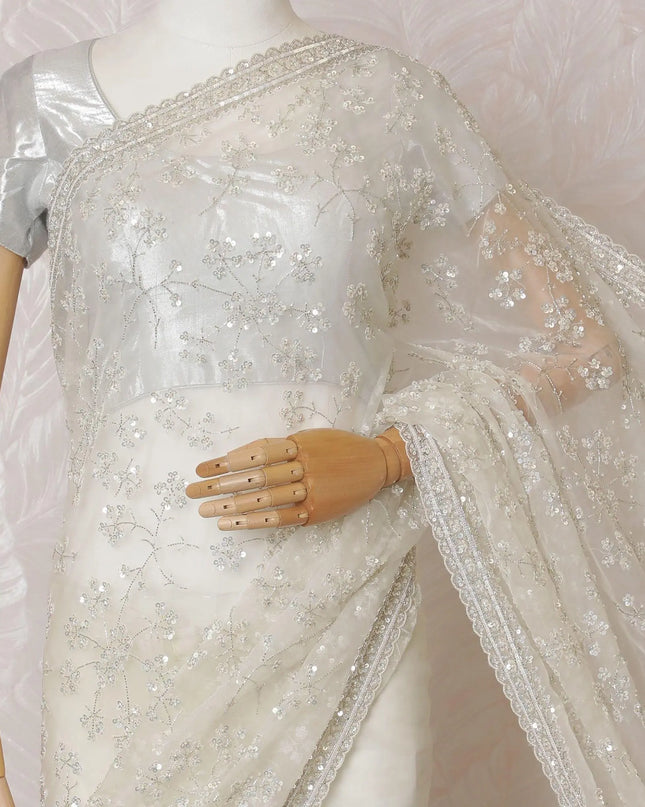 Off white Premium silk organza saree with same tone sequin work and bead work in floral design-D15585 Regal Fabrics