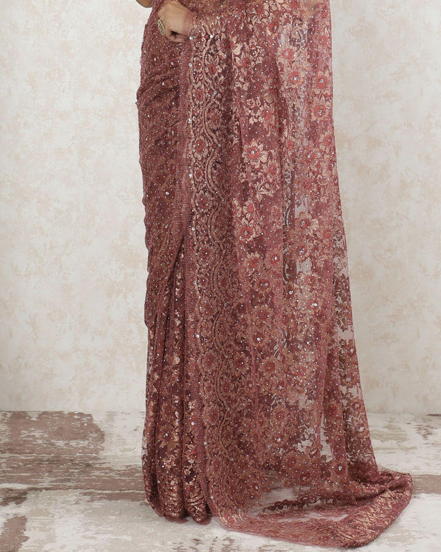 نحاس بورجوندي، دانتيل الساري الفرنسي شانتيلي المعدني النقي الذهبي الفاخر مع عمل حجري بتصميم الأزهار-D13514