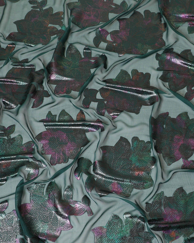 قماش شيفون من الحرير الخالص باللون الأخضر مع لوركس معدني متعدد الألوان بتصميم زهور -D8795