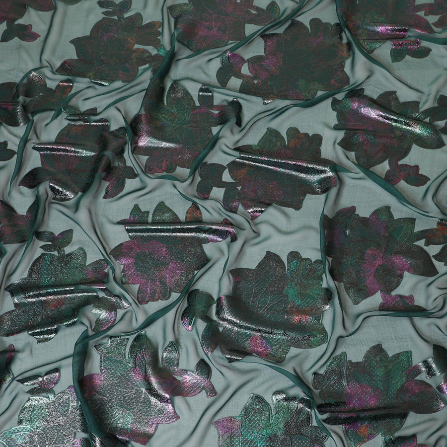 Bottle green pure silk chiffon fabric with multicolor metallic lurex in floral design-D8795