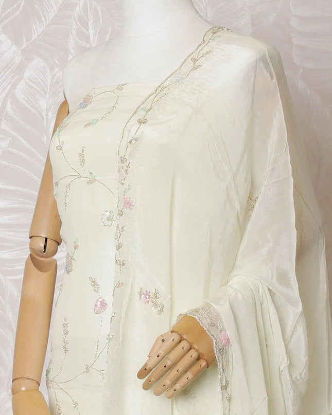 Cream Premium pure silk crepe kameez with multicolor bead and sequin embroidery in floral design. Cream plain salwar having same tone chiffon dupatta with multicolor bead and sequin embrodiery-D15003 Regal Fabrics