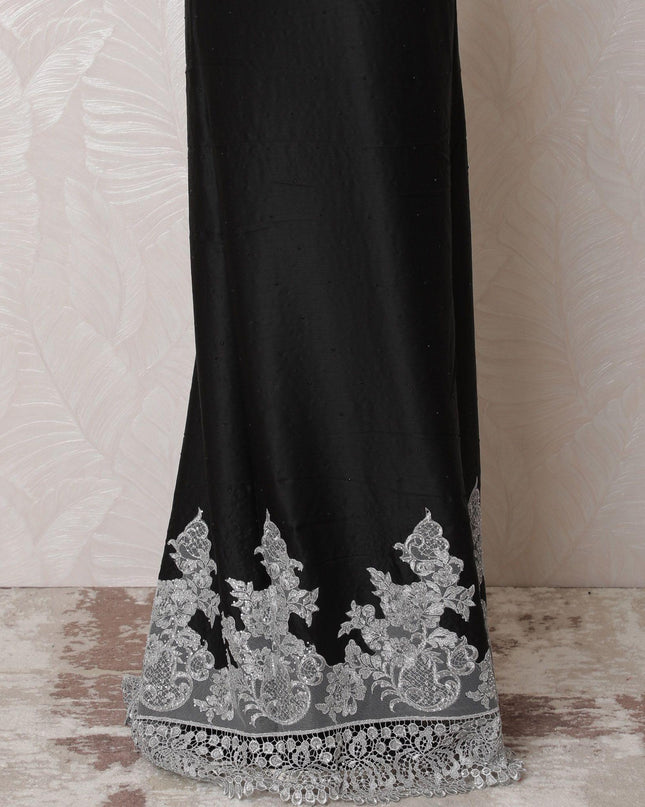 Black blended cotton lawn fabric with silver  embroidery having  stone work in fancy design-D14732