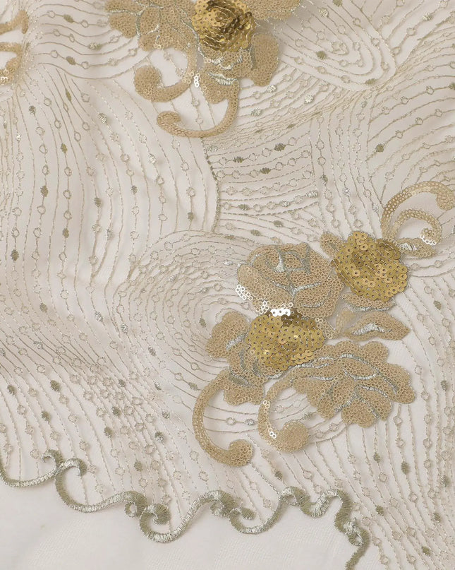 Dunmore cream nylon tulle fabric with gold metallic embroidery copper and gold sequins in floral design Regal Fabrics