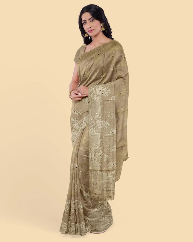 Taupe brown imitation silk saree with gold jacquard having same tone sequin work in floral design-D12787 Regal Fabrics