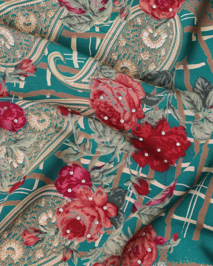 Teal green synthetic crepe fabric with multicolor print having stone work in floral design-D15293 - Regal Fabrics