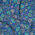Royal blue silk crepe fabric with turquoise green, grey and lilac print in floral design-D8456 Regal Fabrics