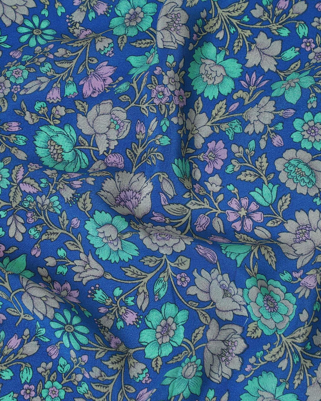 Royal blue silk crepe fabric with turquoise green, grey and lilac print in floral design-D8456 Regal Fabrics