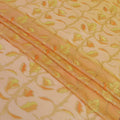 Mustard peach premium pre silk chiffon fabric with mustard, lime green viscose having gold metallic lurex in floral design-D13187
