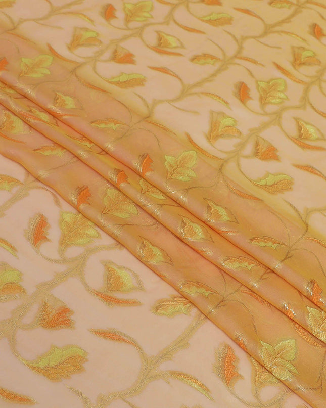 قماش شيفون حريري ممتاز بلون الخردل والخوخ مع الخردل والفسكوز الأخضر الليموني مع لوريكس معدني ذهبي بتصميم الأزهار-D13187