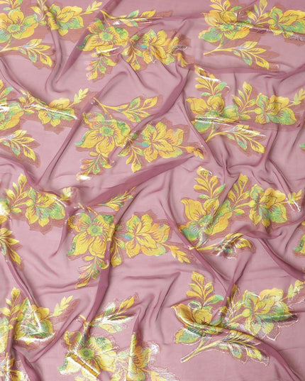 قماش شيفون صناعي مطبوع باللون الوردي كانون مع لوركس معدني متعدد الألوان بتصميم زهور - D9742