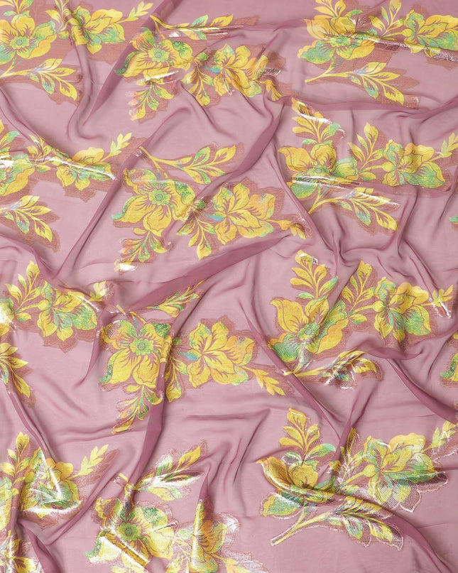 قماش شيفون صناعي مطبوع باللون الوردي كانون مع لوركس معدني متعدد الألوان بتصميم زهور - D9742