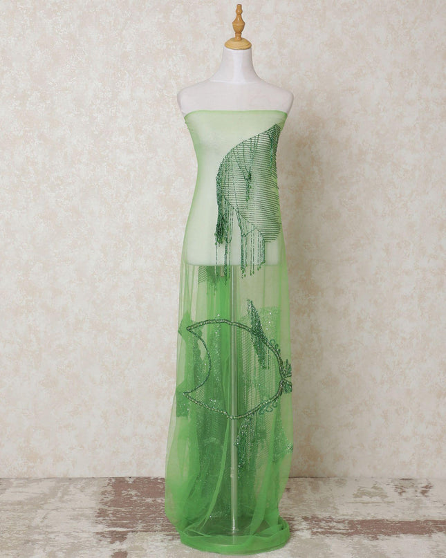 Lime green nylon tulle fabric with same tone bead work and sequin work in fancy design-D14398
