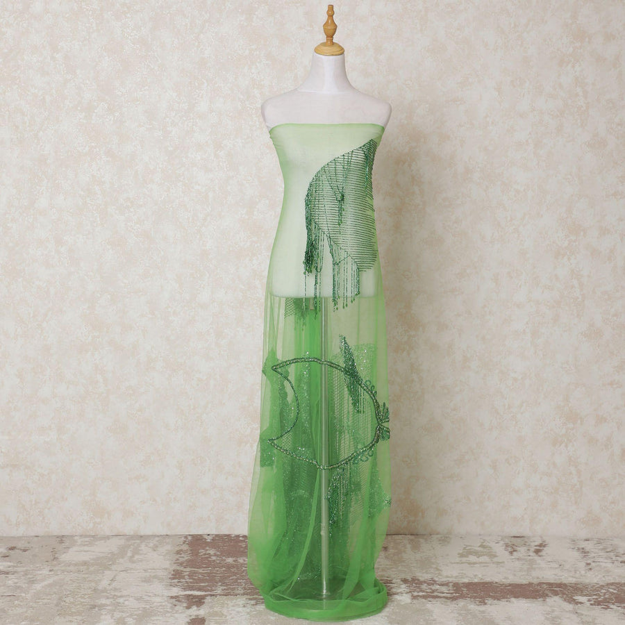 Lime green nylon tulle fabric with same tone bead work and sequin work in fancy design-D14398