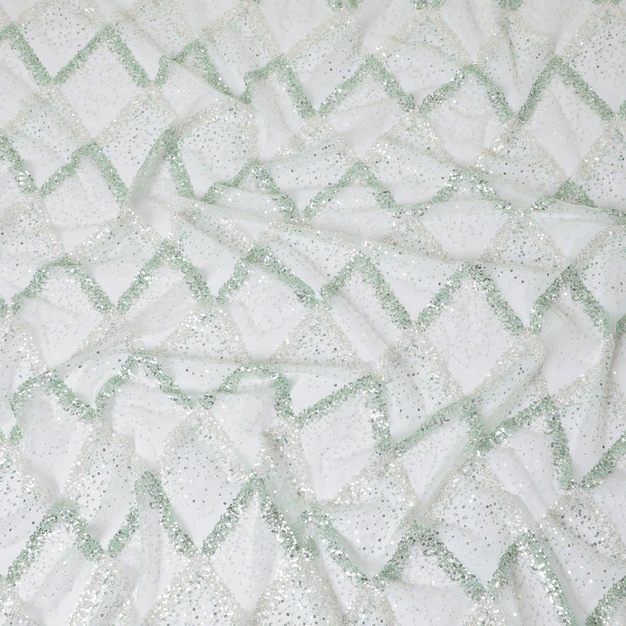 قماش تول نايلون أخضر لوريل بنفس اللون، وترتر أخضر له نفس الخرز في التصميم الهندسي-D13795