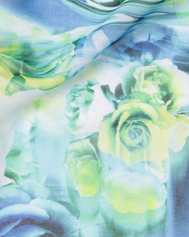 White Swiss 100% cotton voile fabric blue, neon green, baby blue and bottle green print in floral design-D7197 Regal Fabrics