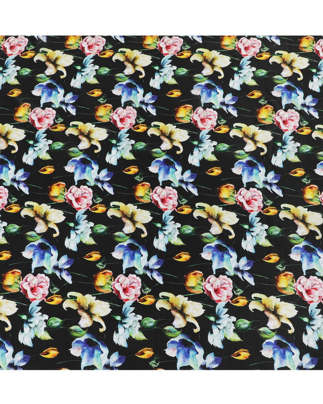 Black viscose fabric with multicolor print in floral design-D12257