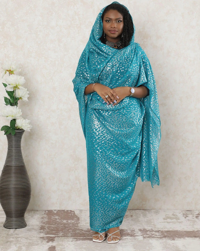 Teal blue premium pure silk chiffon thobe with multicolor metallic lurex in abstract design-D14358 Regal Fabrics