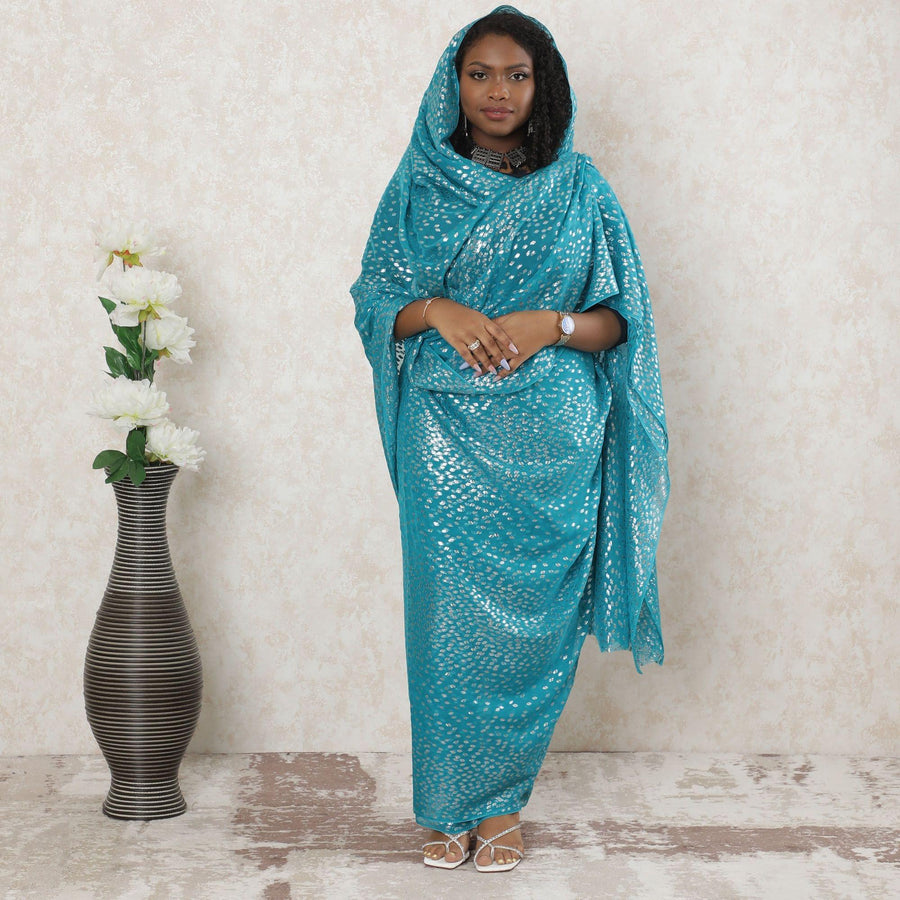 Teal blue premium pure silk chiffon thobe with multicolor metallic lurex in abstract design-D14358