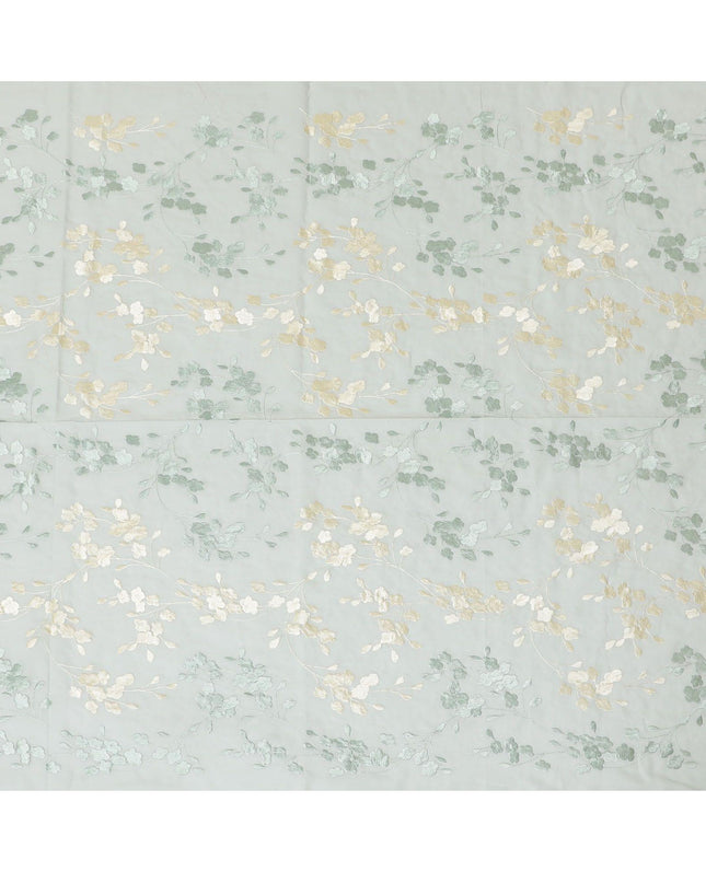 قماش الفوال القطني الخالص الفاخر باللون الأخضر الغار مع نفس اللون والتطريز البيج بتصميم الأزهار-D13630