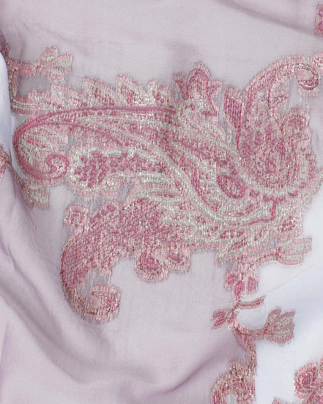 Baby blue Premium pure silk (Dirac) chiffon fabric with brick pink and gold metallic lurex in paisley design-D13409
