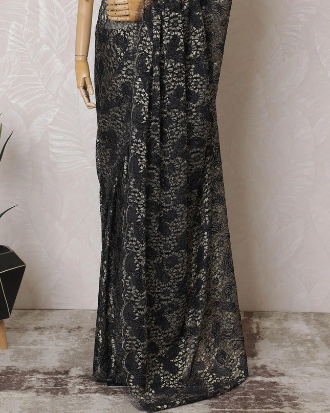 Dark navy blue, gold Premium pure French metallic chantilly lace saree in paisley design-D15546 Regal Fabrics
