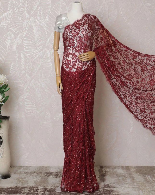 Crimson red Premium pure French chantilly lace saree having stone work in floral design-D14594 Regal Fabrics