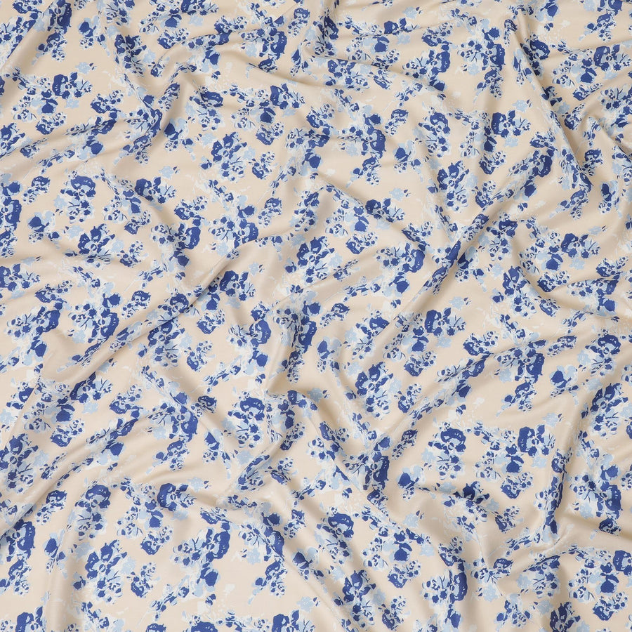 Latte beige sustainable Tencel rayon fabric with azure blue and baby blue print in fancy design-D10654