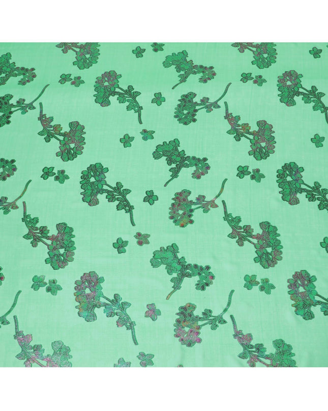 قماش شيفون حريري نقي فاخر باللون الأخضر الغاب مع لوركس معدني متعدد الألوان بتصميم زهور -D9662