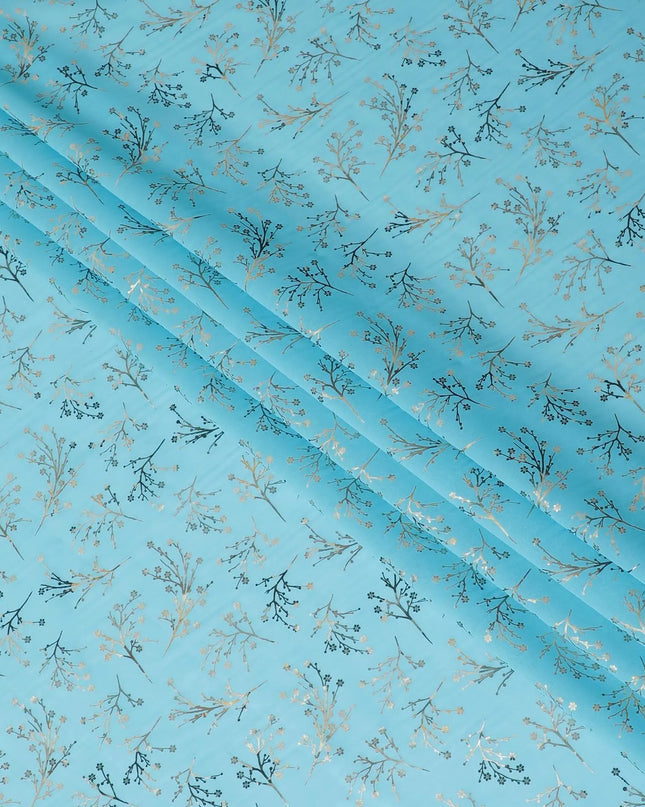 Sky blue Premium pure cotton voile fabric with gold and bottle green print in floral design-D13171 Regal Fabrics
