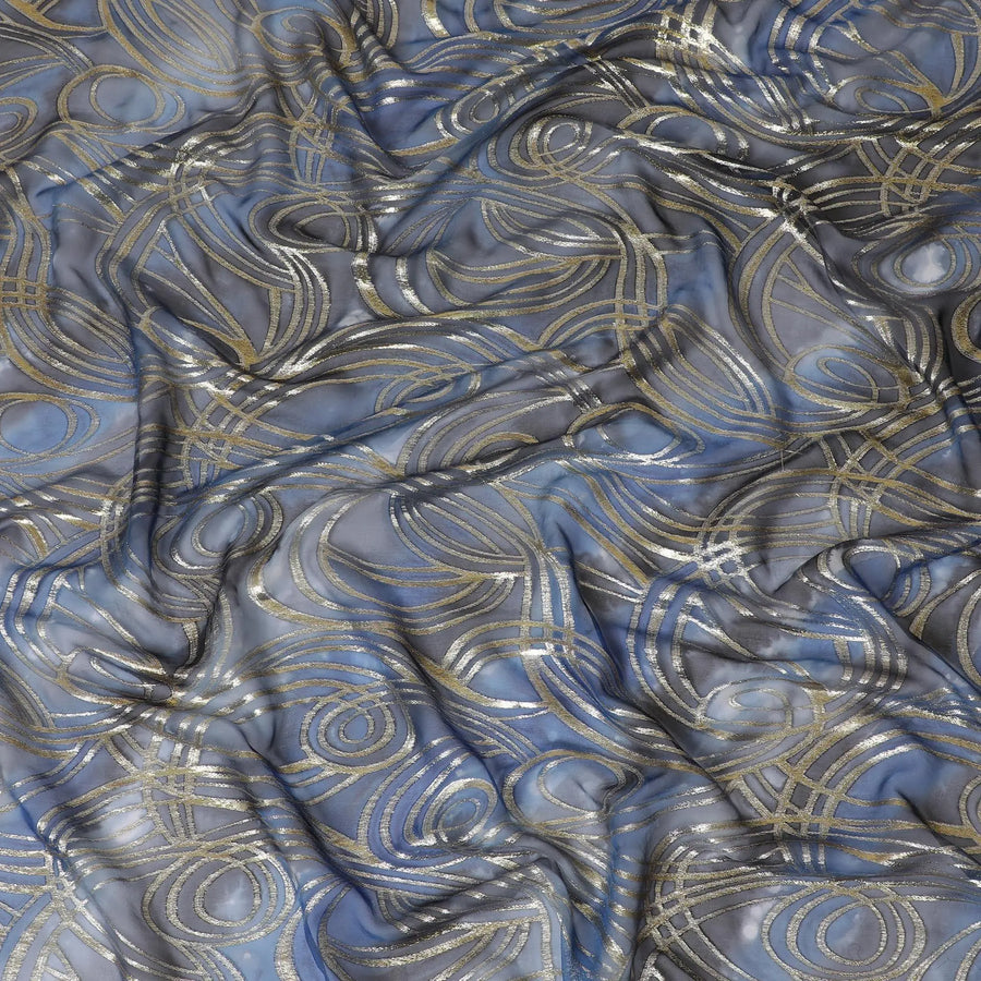 Multicolor premium pure silk chiffon fabric with gold metallic lurex in abstract design-D14081 Regal Fabrics