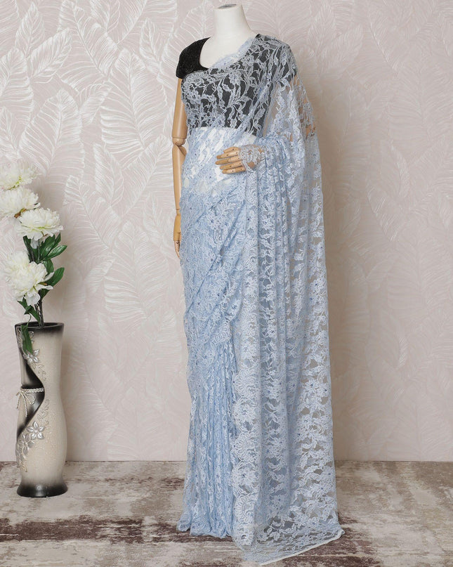 Baby blue Premium pure French chantilly lace saree having stone work in floral design-D14600