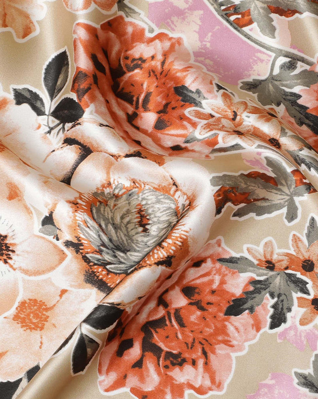 قماش ساتان حريري خالص ذهبي مع طباعة متعددة الألوان بتصميم زهور-D11038