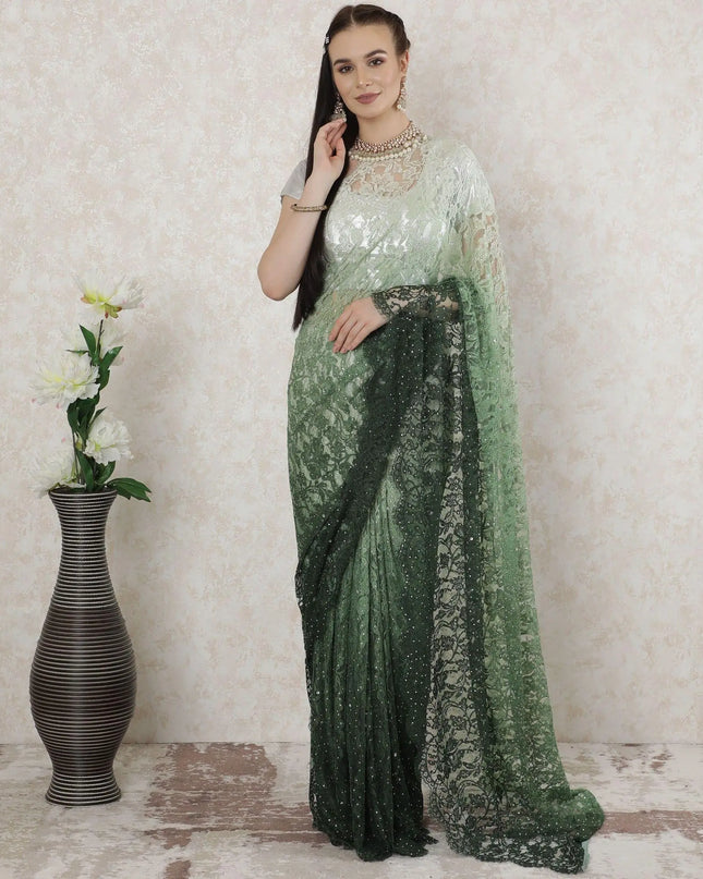 Forest green to mint green Premium pure French chantilly lace saree having stone work in ombre design-D14517 Regal Fabrics